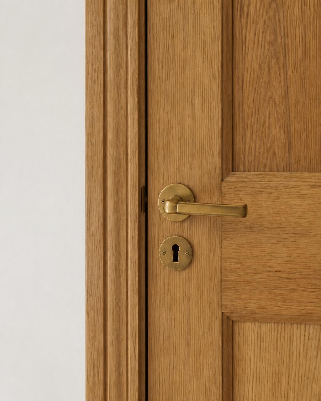 Solid timber internal door with brass lever handle and architrave