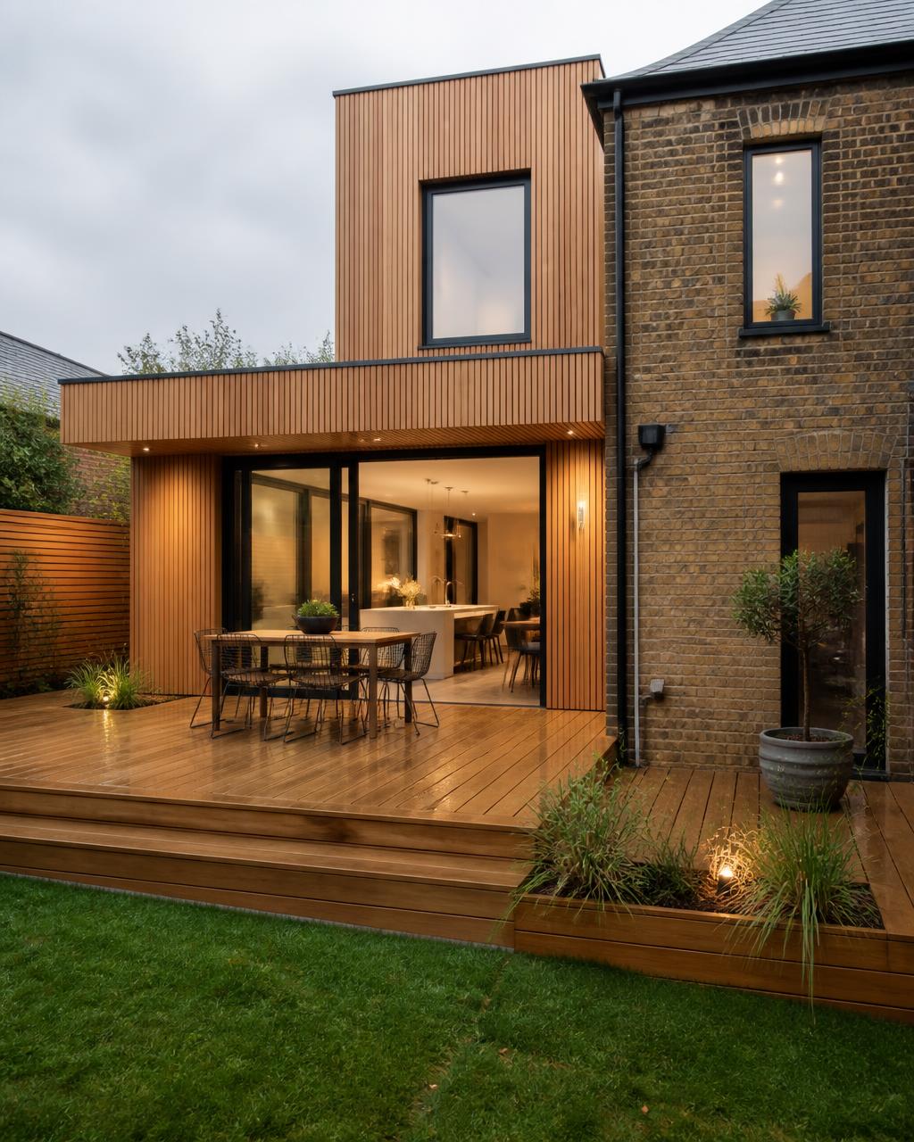Timber decking and cedar cladding to the rear of a house