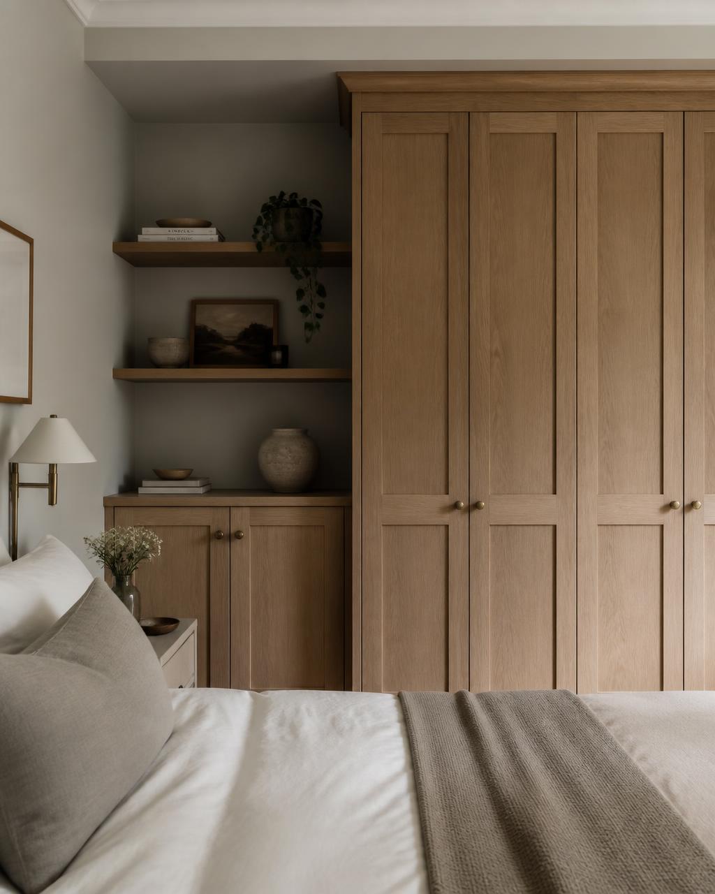 Bespoke fitted oak wardrobe and alcove shelving in a bedroom