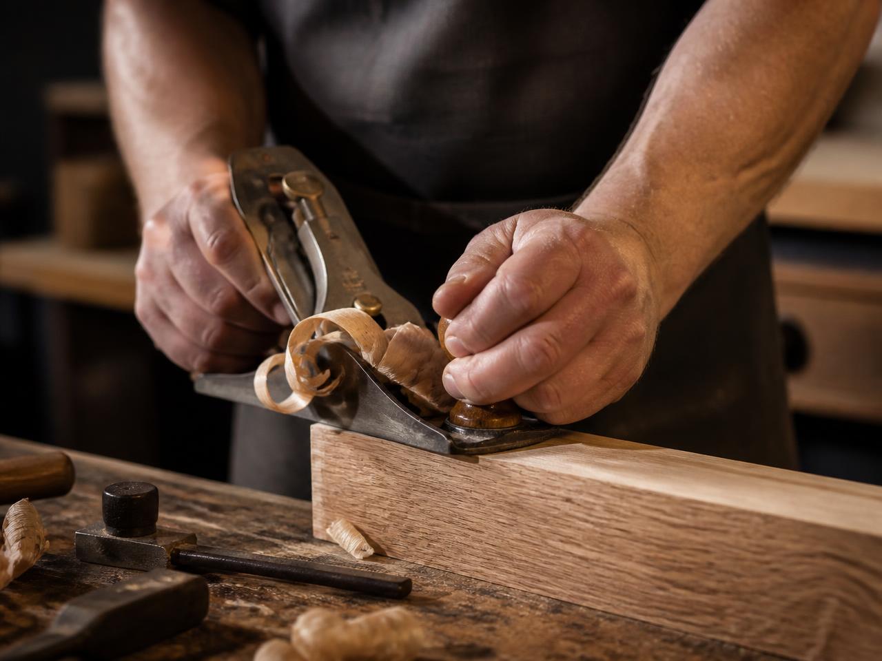 Carpenter using a hand plane on a length of oak in the workshop